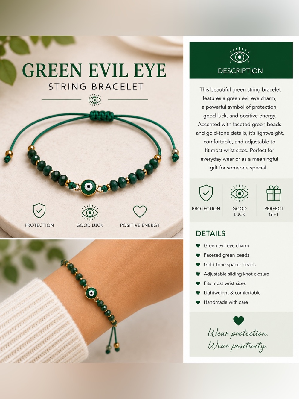 Green Evil Eye String Bracelet - Protective Green Bead Bracelet